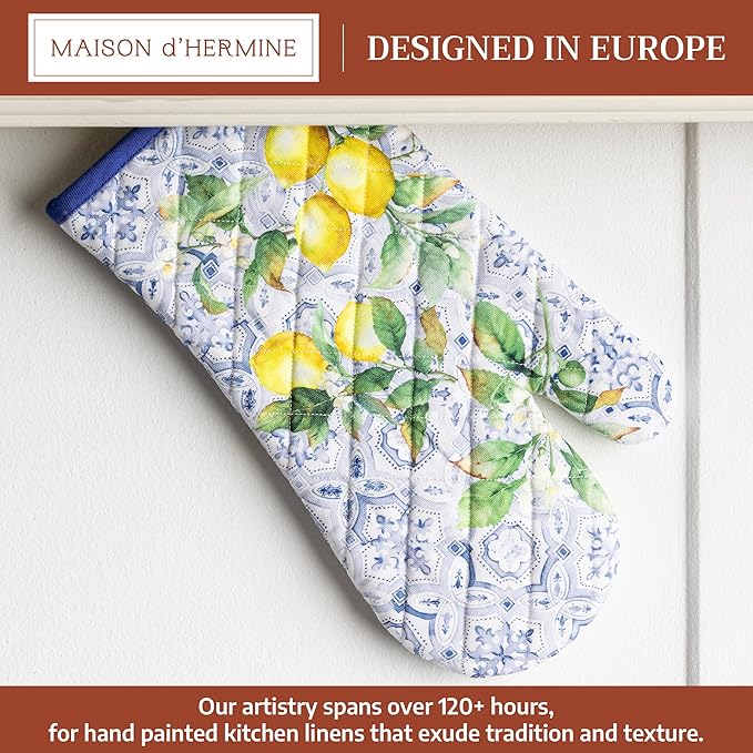 Maison d'Hermine Oven Gloves 100% Cotton Oven Mitt 7" x 13" with Loop Heat Resistant BBQ Cooking Gloves Baking Grilling Kitchen Hotel Home Farmhouse Spring Summer (Pack of 1, Citrus)