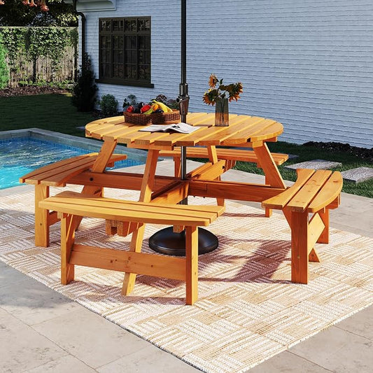 Tangkula 8-Person Wood Picnic Table, Outdoor Round Table and Bench Set with 4 Built-in Benches, Umbrella Hole, Perfect for Outside, Patio, Garden, Backyard, Porch