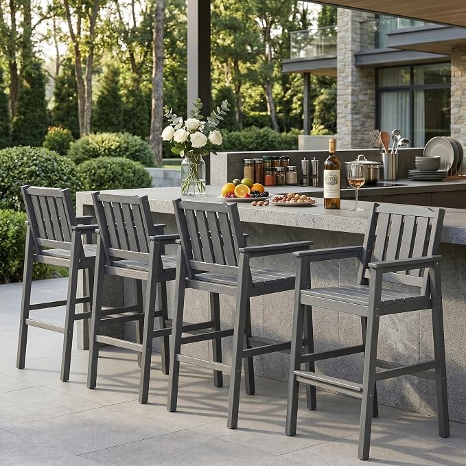 Garvee Outdoor Patio Bar Height Chair Set of 4, All-Weather HDPE Bar Height Barstools Widened Chair Set, Adirondack Chairs Set with Widened Armrests for Garden, Poolside, Bistro