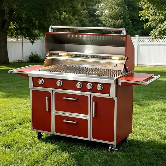49" Red Stainless Steel Grill, 4 Burners & Infrared Burner, Natural Gas | 304 stainless steel 99,000 BTU Dual-lined hood Easy ignition Warming rack Storage drawers Gliding wheels
