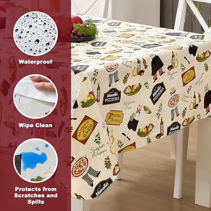 Newbridge 60 x 102 Inch Rectangle Vinyl Tablecloth with Flannel Backing, Italian Bistro Chef, Novelty Chef Indoor Outdoor Waterproof Table Cover for Picnic, Barbecue, Patio and Kitchen Dining, Ivory
