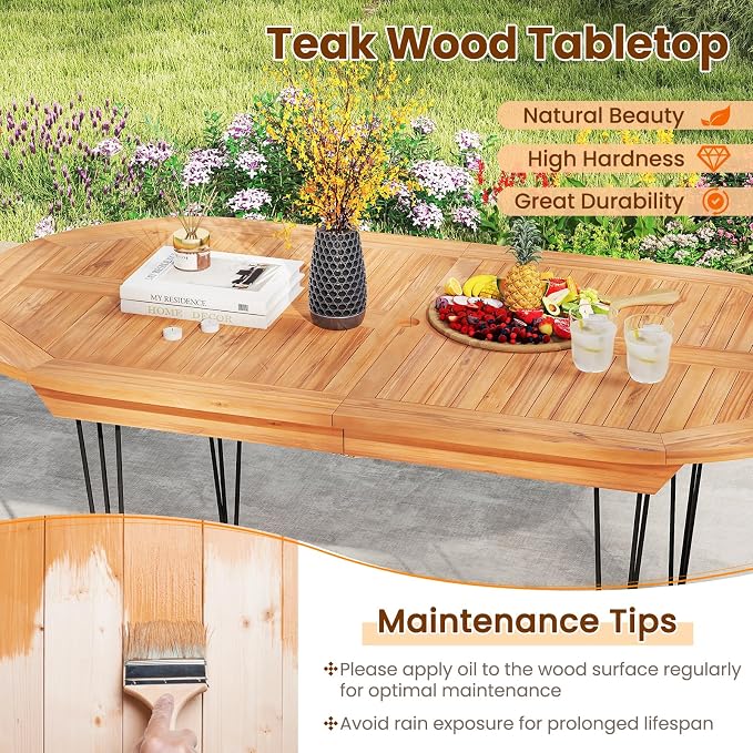 Tangkula 71" Outdoor Dining Table for 6, Oval Teak Wood 6 Person Patio Table with 2" Umbrella Hole, Metal Legs, Safety Locks and Wood Tabletop, Outside Table for Garden, Poolside & Backyard