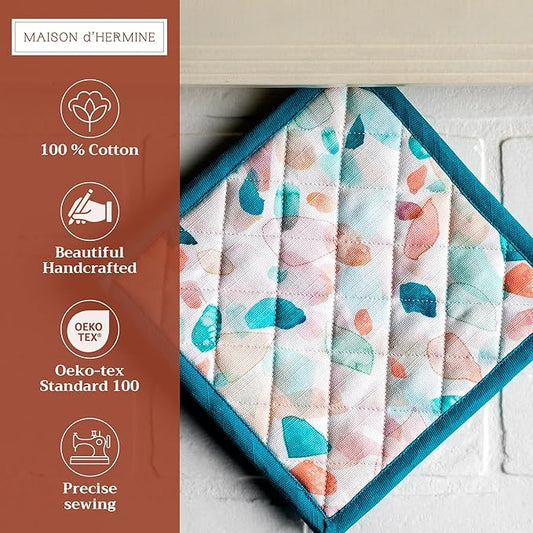 Maison d' Hermine Pot Holders 100% Cotton Heat Resistant Potholders 8" x 8" Hot Pads with Loop BBQ Cooking Baking Hotel Farmhouse Kitchen Handling Hot Pans Spring Summer (Pack of 1, Summer Picnic)