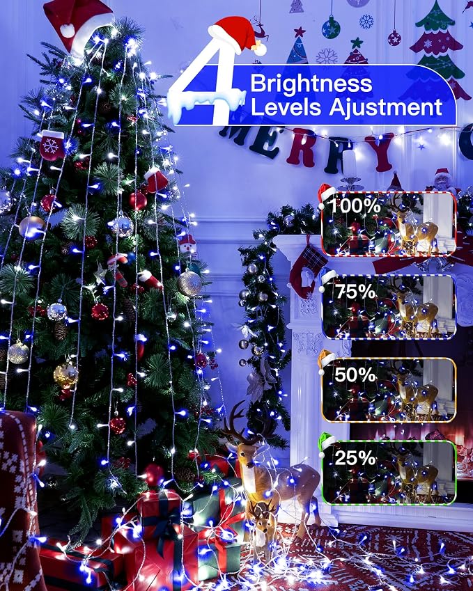 196FT 600 LED Christmas Lights Outdoor Waterproof, Timer & Memory Function, 8 Modes Blue White String Lights Plug in Twinkle Lights for Xmas Tree Holiday Garden Indoor Party Decor