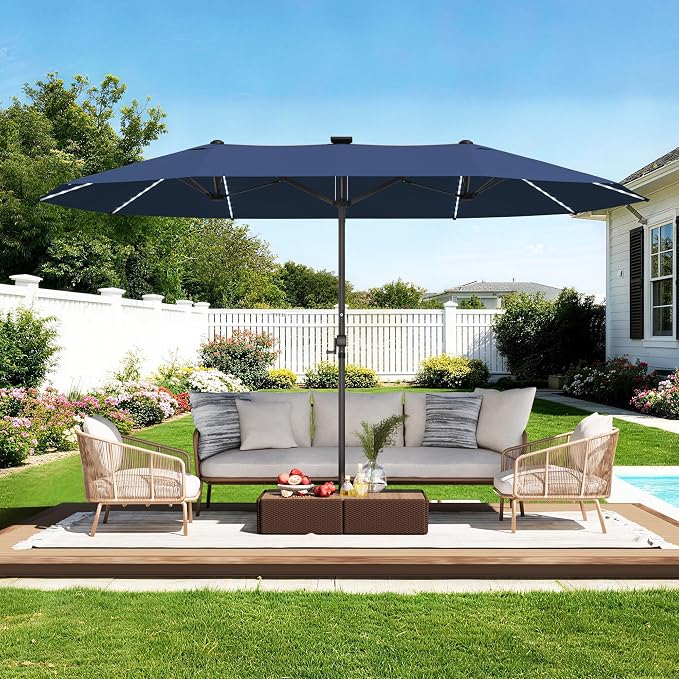 GDPFN 15ft Rectangular Patio Umbrella with Solar LED Lights, Double-Sided Outdoor Market Umbrella Extra Large Shade for Pool, Deck, Backyard, Garden, Navy Blue (Base Not Include)