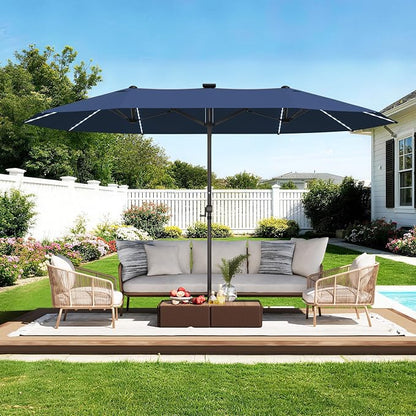 GDPFN 15ft Rectangular Patio Umbrella with Solar LED Lights, Double-Sided Outdoor Market Umbrella Extra Large Shade for Pool, Deck, Backyard, Garden, Navy Blue (Base Not Include)