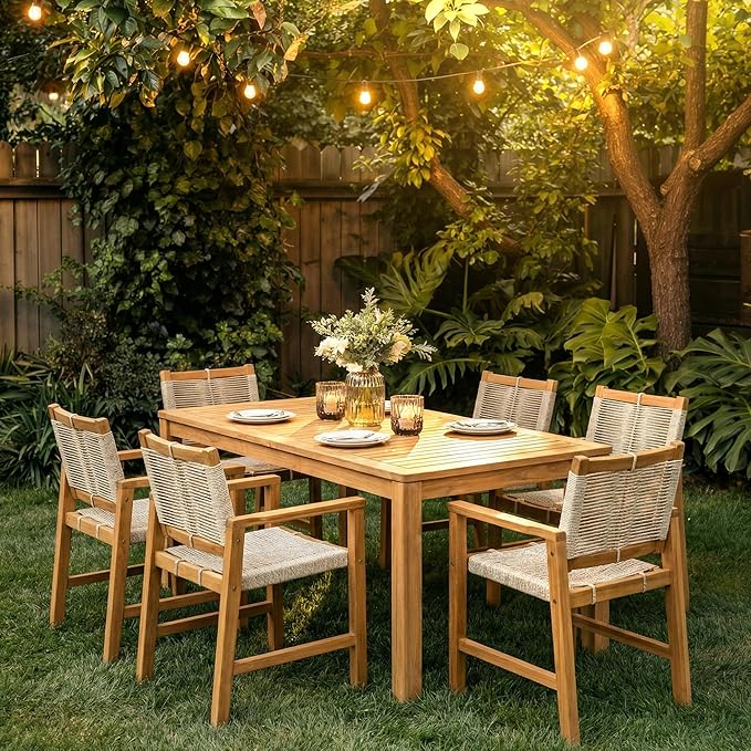 Acacia 7 Pieces Outdoor Dining Set for 6-Person, 63" L Classic Rectangular Table & 6 Handwoven Rope Chairs - Eucalyptus Grandis Solid Wood, Weather Resistant Patio Furniture Set, Natural