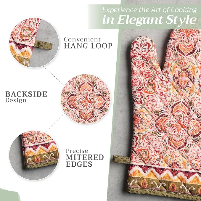 Maison d' Hermine 100% Cotton Oven Mitt & Pot Holder Set (7.5"x13" & 8"x8") | Heat Resistant BBQ Cooking Gloves with Loop Baking Grilling Kitchen Hotel Home Farmhouse Thanksgiving Christmas - Damask