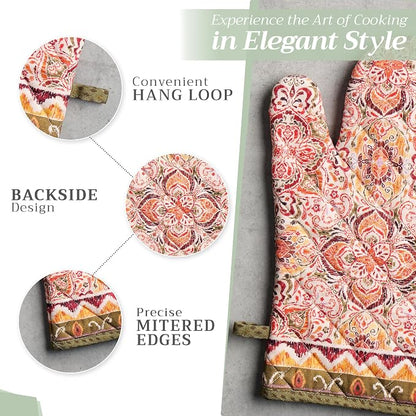 Maison d' Hermine 100% Cotton Oven Mitt & Pot Holder Set (7.5"x13" & 8"x8") | Heat Resistant BBQ Cooking Gloves with Loop Baking Grilling Kitchen Hotel Home Farmhouse Thanksgiving Christmas - Damask