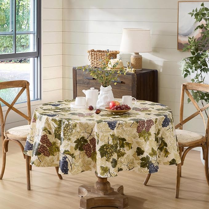 Newbridge 70 Inch Round Vinyl Tablecloth with Flannel Backing, Grapevine Print, Grape Theme Indoor Outdoor Waterproof Table Cover, Picnic, Barbeque, Patio and Kitchen Dining