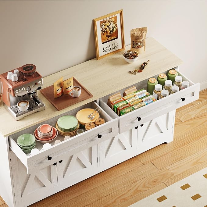 IRONCK Buffet Cabinet with Storage, Sideboard Cabinet with Drawers & Doors | 2 Drawers, 4 Doors and 2 Adjustable Shelves. 59inch Wide. FSC-certified Wood. Anti-tip Device. Natural Wood.