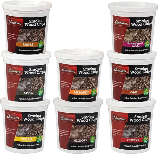 Camerons Natural Extra Fine BBQ Wood Chips - Apple, Cherry, Bourbon, Oak, Hickory, Maple, Pecan, Mesquite (8 Pints)- Sawdust Shavings for Smoking Guns, Smokers, Smoke Boxes - Barbecue Variety Gift Set