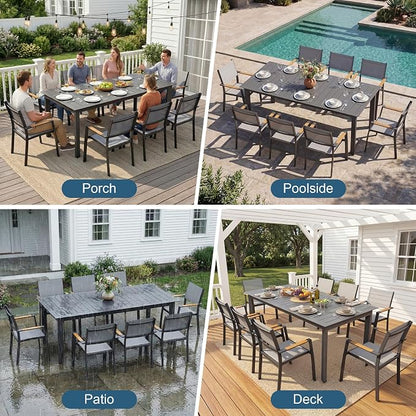 RoyalCraft Aluminum Outdoor Patio Table and Chairs Set with 121" L -81" L Expandable Dining Table, 13-Pieces Patio Furniture Set for 12, Outdoor Dining Set with Stackable Quick Drying Chairs, Grey