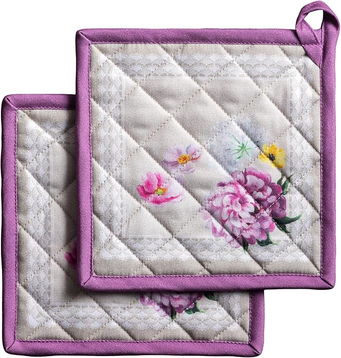 Maison d' Hermine Pot Holders 100% Cotton Heat Resistant Potholders 8" x 8" Hot Pads with Loop BBQ Cooking Baking Hotel Farmhouse Kitchen Handling Hot Pans Spring Summer (Pack of 2, Pivoine)
