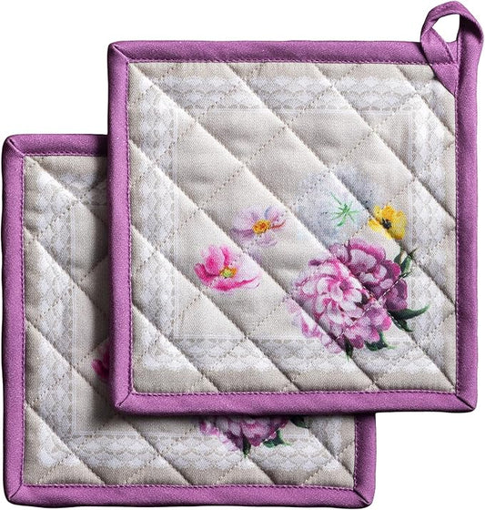 Maison d' Hermine Pot Holders 100% Cotton Heat Resistant Potholders 8" x 8" Hot Pads with Loop BBQ Cooking Baking Hotel Farmhouse Kitchen Handling Hot Pans Spring Summer (Pack of 2, Pivoine)