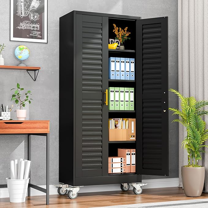 winiowa 71" Tall Metal Garage Storage Cabinet with Wheels, Steel Locking Rolling Tool Cabinet with 4 Adjustable Shelves for Garage,Home,Office (Black)