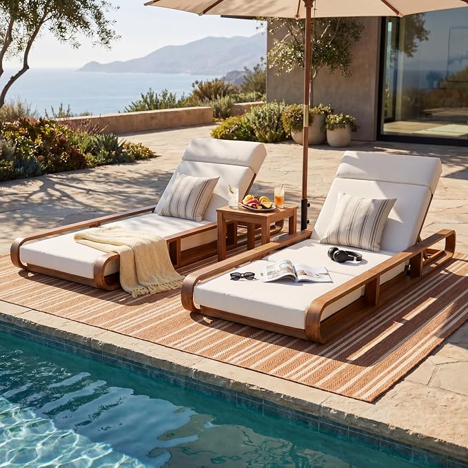Merax 2 Piece Teak Finish Acacia Wood Chaise Lounge - 2 Pcs Frame + 2 Pcs 4" 4-Fold Beige Water-Resistant Cushion, 400lbs Capacity, Adjustable Outdoor Recliner for Patio Poolside Backyard