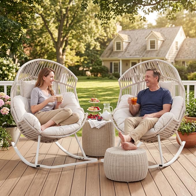 Shintenchi Egg Chair Outdoor, Oversized Outdoor Indoor Wicker Rocking Chair, Large PE Rattan Egg Rocking Chair with Cushion for Patio, Balcony, Backyard, Garden, White