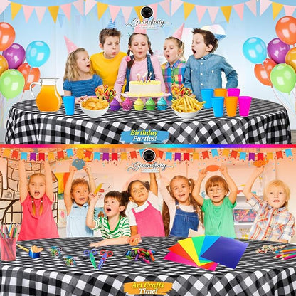 Grandipity 12 Pack Premium Disposable Plastic Tablecloth 84" Inch Decorative Round Checkered Table Cover - Black Checkered Gingham
