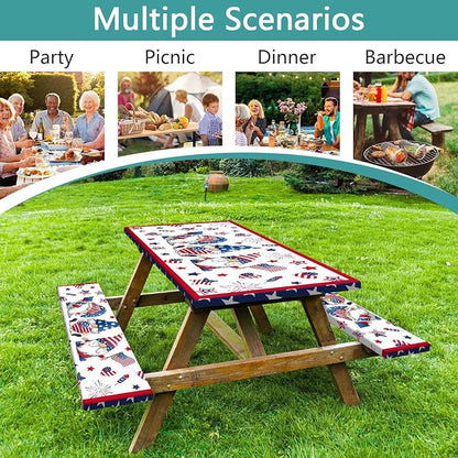 4th of July Picnic Table Cover with Bench Covers, Camping Essentials, Patriotic American Flag Gnomes Stars Table Cover Waterproof Fitted Tablecloth Cover with Elastic Edge for Outdoor 3 PCS 30x72 Inch