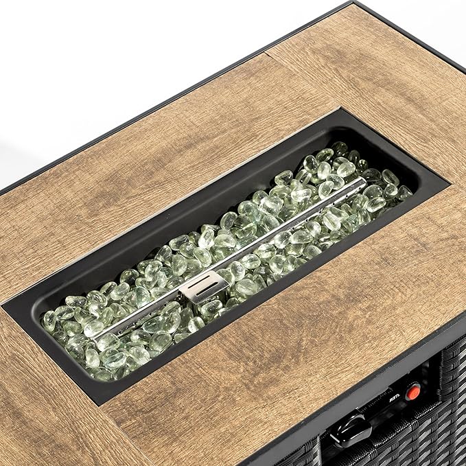 32in Gas Fire Pit Table Set, 50,000 BTU Propane Fire Pit Table Outdoor with Rain Cover, Hideaway Tank Holder Fits 20lb Tank, Gas Fire Pit for Outside w/Ceramic Tabletop and lid, Glass Rocks.