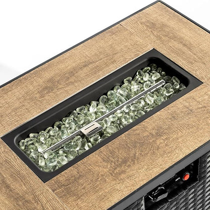 32in Gas Fire Pit Table Set, 50,000 BTU Propane Fire Pit Table Outdoor with Rain Cover, Hideaway Tank Holder Fits 20lb Tank, Gas Fire Pit for Outside w/Ceramic Tabletop and lid, Glass Rocks.