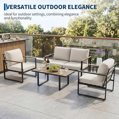 GarveeLife 4 Piece Outdoor Patio Furniture Set with Wood Coffee Table, Iron Frame Conversation Set, Beige Cushioned Chairs and Sofa for Patio, Garden, Backyard