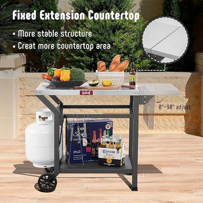 Feasto 43" Lx20 W Grill Table with Folding Side Table & Undershelf, Gray | Stainless Steel Tabletop, Foldable Side Shelf, Sturdy Undershelf, for Pizza Ovens, BBQ Grills, & Prep Work (Hooks Included)