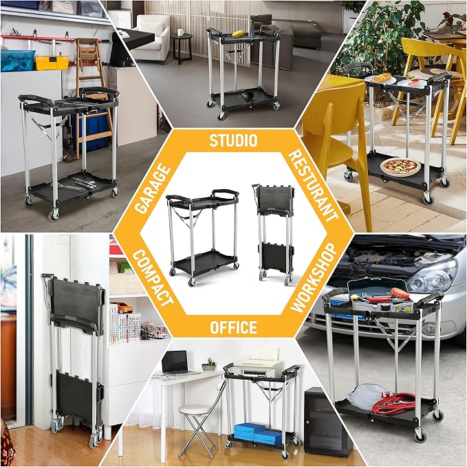 Olympia Tools 89-356 Pack-N-Roll Folding Collapsible Service Cart, Black, 50 Lb. Load Capacity per Shelf, 2-Layers