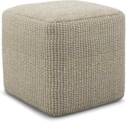 SIMPLIHOME Zelma 18" Wide Square Pouf in Cream/Natural PET Polyester | Versatile boho indoor/outdoor footstool, extra seating for living room or bedroom or patio with assembled design, assembled.