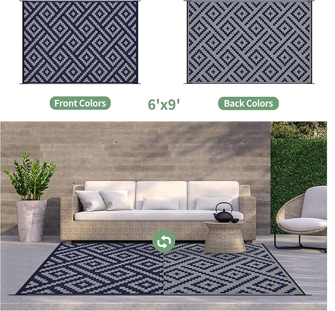 GENIMO Outdoor Rug, Waterproof Plastic Rugs for Patio, 6'x9' Blue Grey | Outside Larger Modern Carpet Mat for Porch Decor, Deck, Balcony, Camping, RV, Backyard, Picnic, Beach, Reversible, Foldable