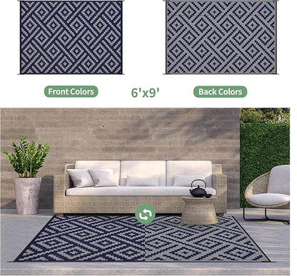 GENIMO Outdoor Rug, Waterproof Plastic Rugs for Patio, 6'x9' Blue Grey | Outside Larger Modern Carpet Mat for Porch Decor, Deck, Balcony, Camping, RV, Backyard, Picnic, Beach, Reversible, Foldable