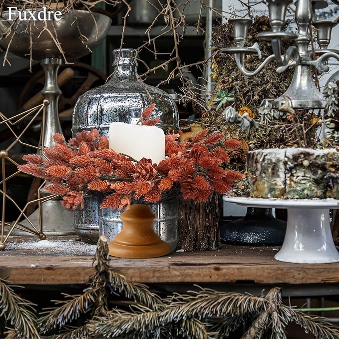 2 Pcs Christmas Candle Rings Wreaths, 10 Inch Candle Wreath with Artificial Red Pinecone, Christmas Candle Holder Indoor Decor for Home Kitchen Cabinets Centerpieces for Tables