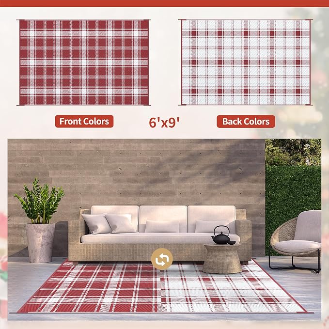 GENIMO Outdoor Rug, Waterproof Plastic Rugs for Patio, 6'x9' Red Plaid | Outside Larger Modern Carpet Mat for Porch Decor, Deck, Balcony, Camping, RV, Backyard, Picnic, Beach, Reversible, Foldable