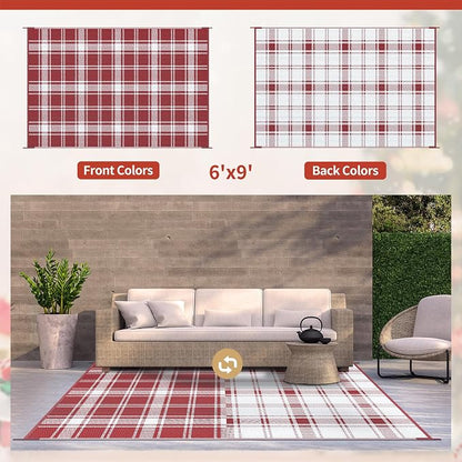 GENIMO Outdoor Rug, Waterproof Plastic Rugs for Patio, 6'x9' Red Plaid | Outside Larger Modern Carpet Mat for Porch Decor, Deck, Balcony, Camping, RV, Backyard, Picnic, Beach, Reversible, Foldable