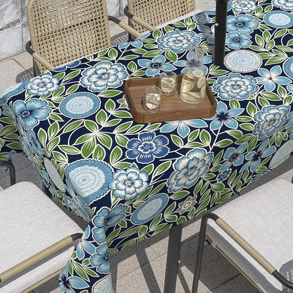 Outdoor Rectangle Tablecloth, 60×84 Inch Water Repellent Picnic Table Cover with Umbrella Hole Zipper for Patio Family Meal, Azure Bloom