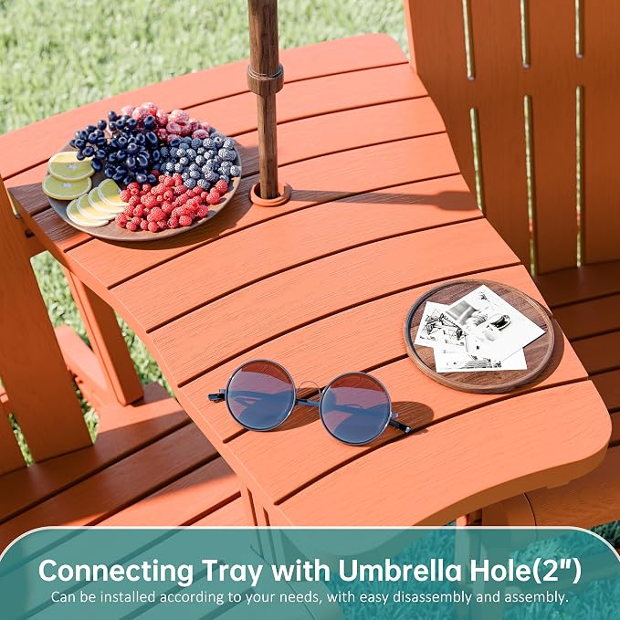 Shintenchi Adirondack Chairs Set of 2,HDPE Adirondack Chairs w/Removable Tablelop & Umbrella Hole,All-Weather Wooden Textured Plastic Outdoor Chairs w/Cup Holders for Garden Backyard Pool,Orange