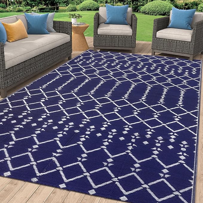 Smiry Outdoor Rug 6x9 ft Waterproof Reversible Boho Mat, Navy | Polypropylene Plastic Straw, Quick Drying, Lightweight Foldable, for Patio, Deck, RV Camping, Backyard and Indoor Outdoor Use