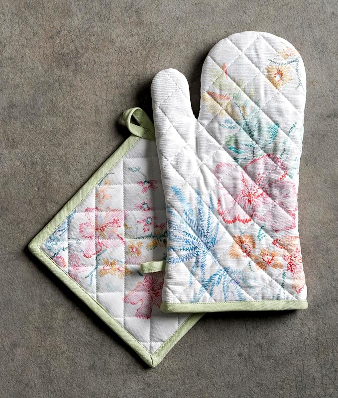 Maison d' Hermine 100% Cotton Oven Mitt & Pot Holder Set (7.5"x13" & 8"x8") | Heat Resistant BBQ Cooking Gloves with Loop Baking Grilling Kitchen Hotel Home Farmhouse Spring Summer - Paradise Island