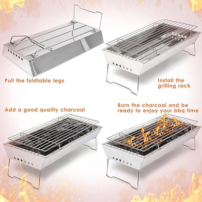 Moss & Stone 17" In Portable Tabletop Grill, Charcoal Barbecue Grill, Stainless Steel Portable Folding Tabletop Charcoal Grill For Shish Kabob Burgers & Meat Steak.