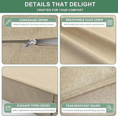 Summsun Outdoor Chair Cushions Set of 2, Faux Linen Patio Furniture Cushions, Water Resistant Backrest and Deep Seat Cushion Set with Ties, Removable Cover, Non-Slip Bottom, 24 x 24 Inch, Nature
