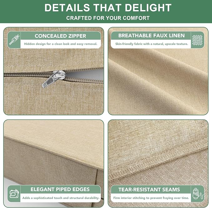 Summsun Outdoor Chair Cushions Set of 4, Faux Linen Patio Furniture Cushions, Water Resistant Backrest and Deep Seat Cushion Set with Straps, Removable Cover, Non-Slip Bottom, 22 x 22 Inch, Nature