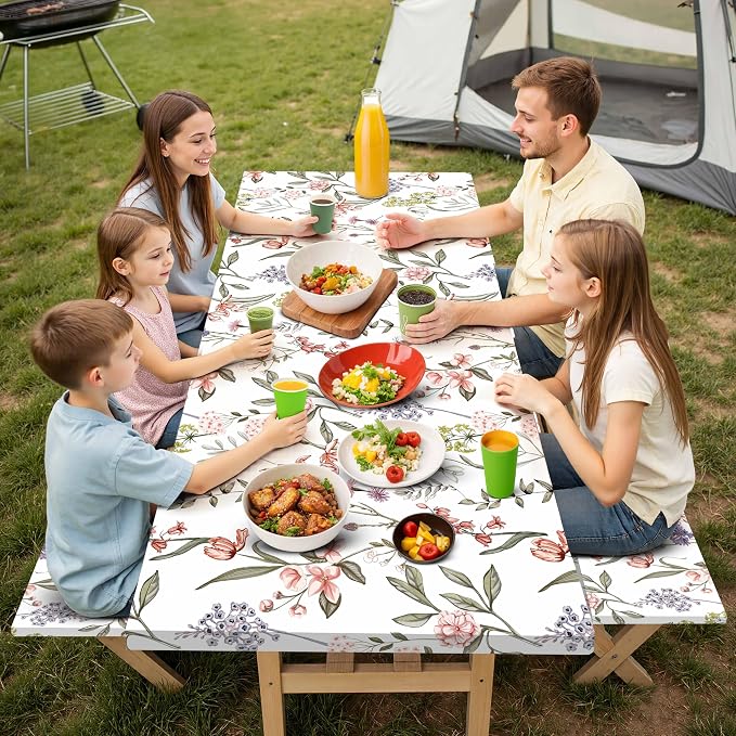 Fitted Picnic Table Cover with Bench Covers Elastic Waterproof Oil-Proof VintageTablecloths for 6 Foot Rectangle Tables Dining Outdoor Patio Camping Essentials