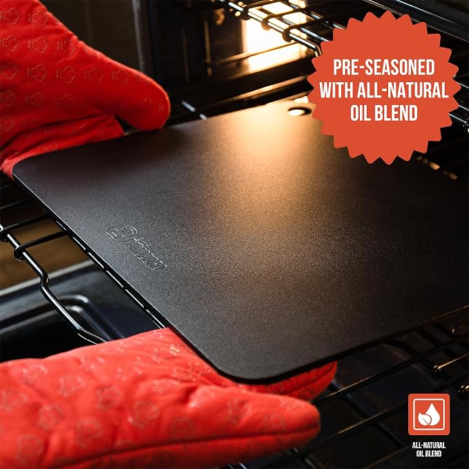 Chef Pomodoro 16 Inch Pizza Steel for Oven, Seasoned Baking Steel for Oven | Steel Pizza Stone Bakes Crispy Pizza & Sourdough Bread, Pre-Seasoned Metal Pizza Stone, Finger Hole for Easy Lifting and Use