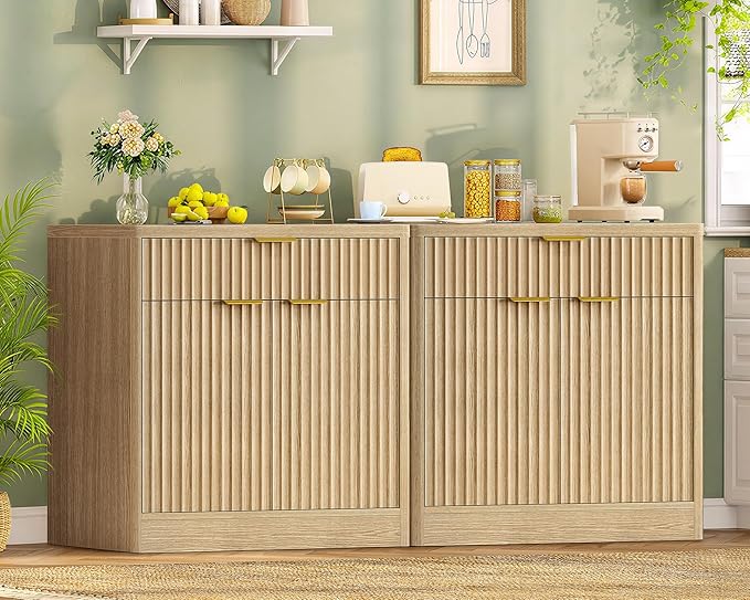 TEENFON 63" Fluted Buffet Sideboard Cabinet with Storage, Buffet Table Coffee Bar Wine Bar Storage Cabinet with Adjustable Shelf for Living Room, Kitchen, Natural