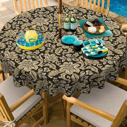 Outdoor/Indoor Round Tablecloth with Umbrella Hole Zipper, Decorative Circular Table Cover for Home Garden, 60 Inch, Jacobean Black