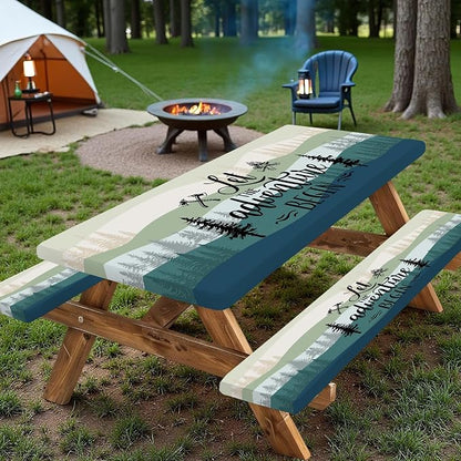 Picnic Table Cover with Bench Covers, Rectangle Tables, Waterproof Elastic Fitted Tablecloths for 6 Foot, Washable Tablecloth for Camping, Outdoor (Green, 30"x60")