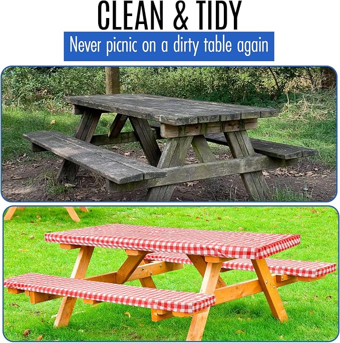LINPRO Premium Picnic Table Cover with Bench Covers Vinyl Fitted Picnic Table Covers with Elastic RV Camping Accessories and Camper Must Haves Waterproof (Red Gingham, 72 x 30 (6ft) with skewers