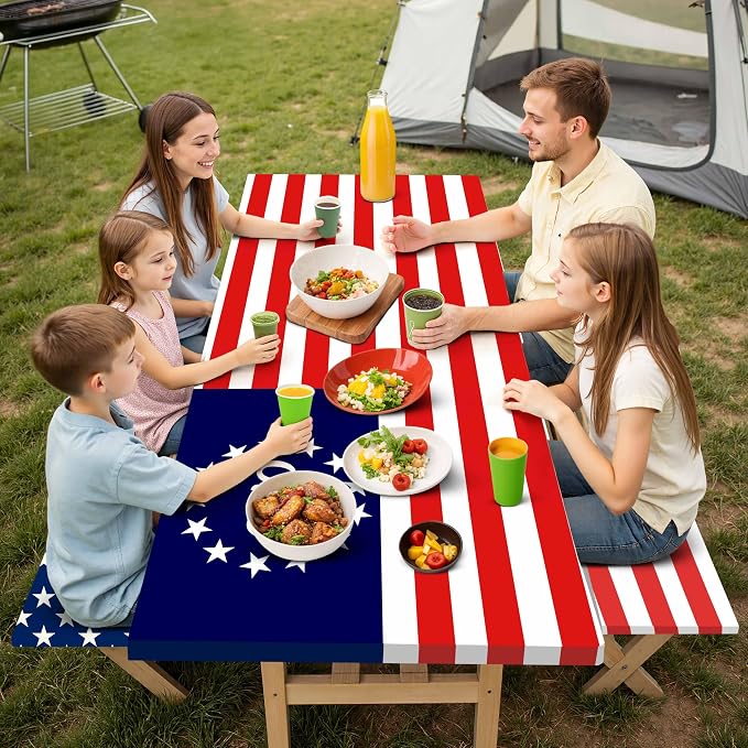Fitted Picnic Table Cover with Bench Covers Elastic Waterproof Oil-Proof VintageTablecloths for 6 Foot Rectangle Tables Dining Outdoor Patio Camping Essentials (Blue Red Stripe, 6 Foot)