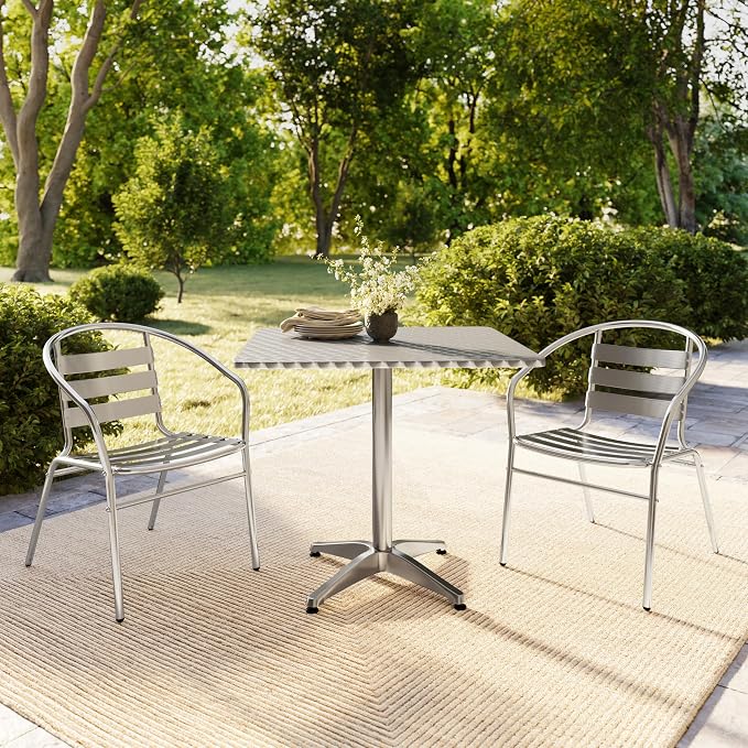 Flash Furniture Lila 31.5'' Square Aluminum Indoor-Outdoor Table Set with 2 Slat Back Chairs | Indoor/Outdoor Use, Slat Back, Slat Back Chairs